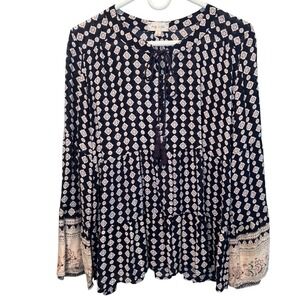 Bailey & Chloe Navy Blue Boho Diamond Print Tassel Tiered Peasant Top Medium